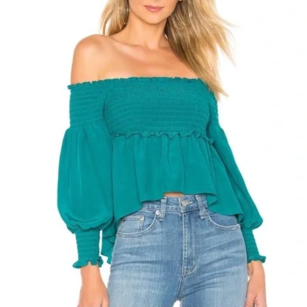 For Love & Lemons Revolve Off The Shoulder Smocked Blouse Emerald boho fairy